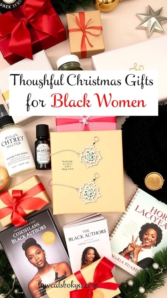 Thoughtful Christmas Gift Ideas for Black Women A collection of Christmas gifts for Black women, including jewelry, skincare, books, and accessories, beautifully wrapped.
